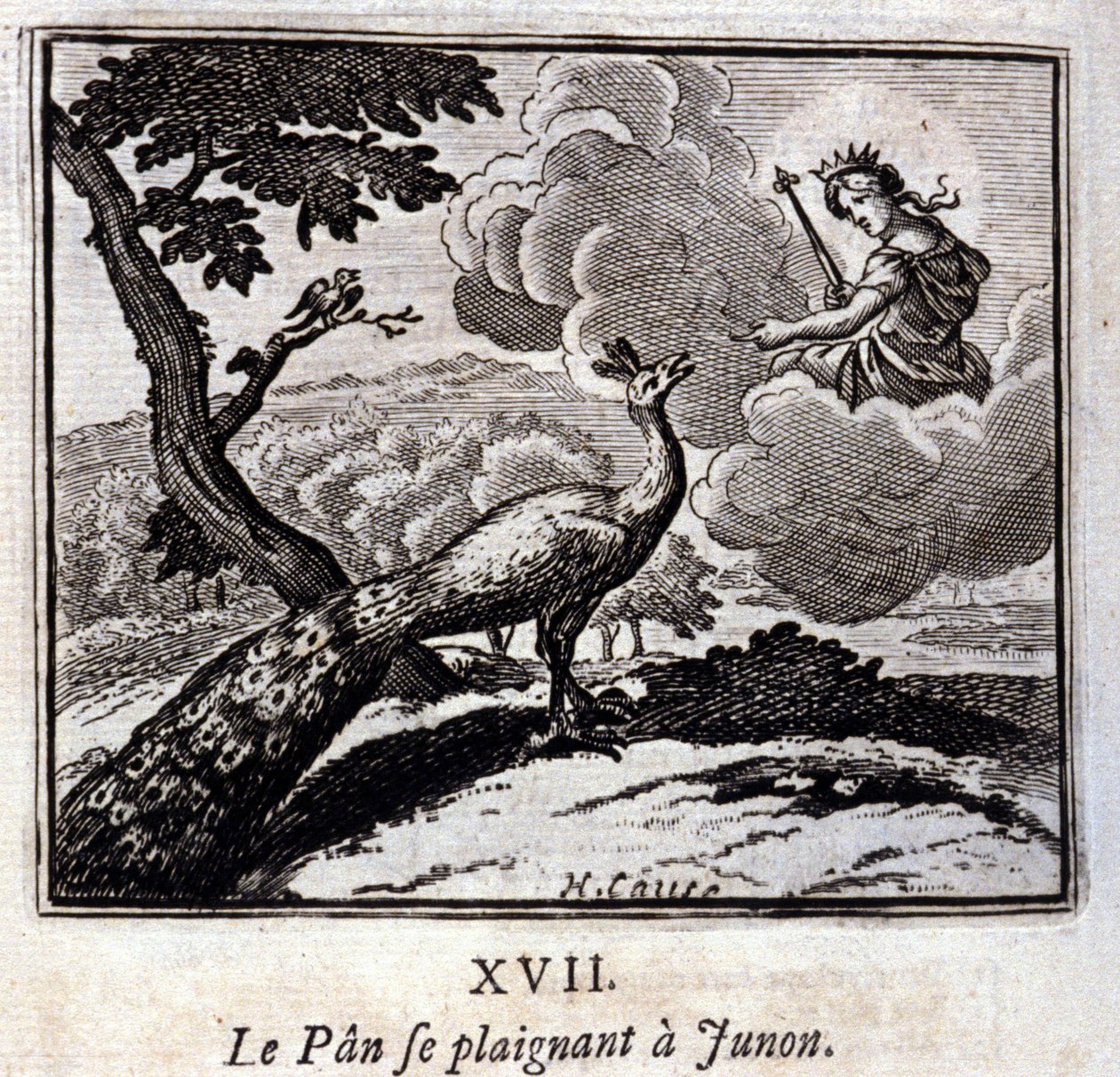 Il pavone che si lamenta con Giunone. Favole di Jean de La Fontaine. Illustrazione di François Chauveau. Edizione del 1728 da Francois Chauveau