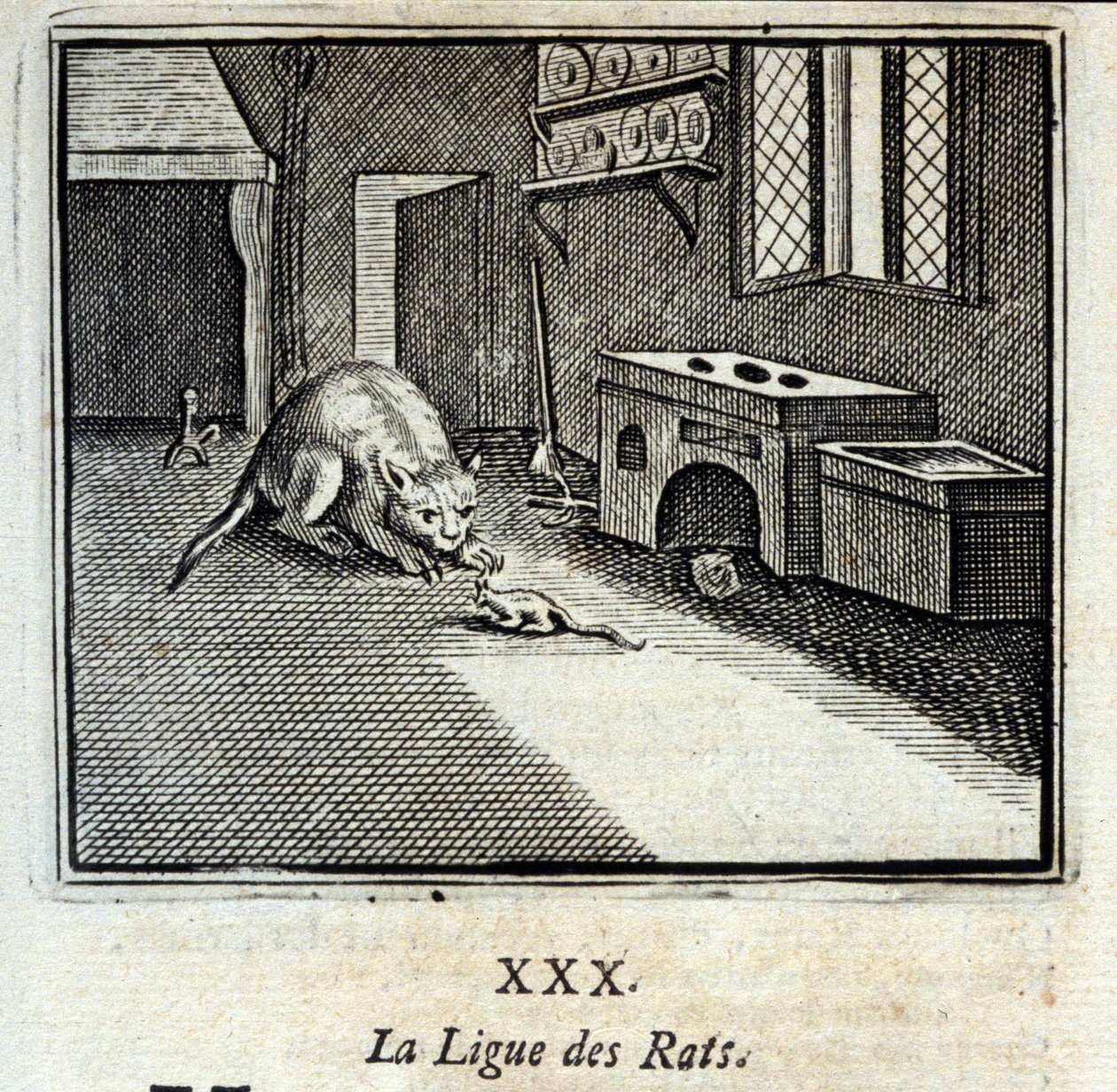 La Lega dei Ratti. Favole di Jean de La Fontaine (1621-95). Illustrazione di François Chauveau (1613-1676). Edizione del 1728 da Francois Chauveau