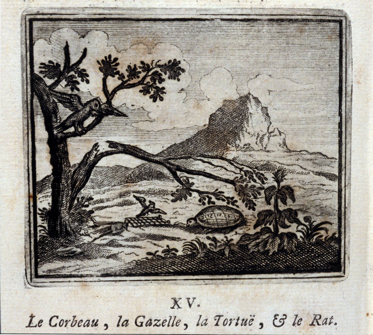 Il corvo, la gazzella, la tartaruga e il topo. Favole di Jean de La Fontaine (1621-95). Illustrazione di François Chauveau (1613-1676). Edizione del 1728. da Francois Chauveau