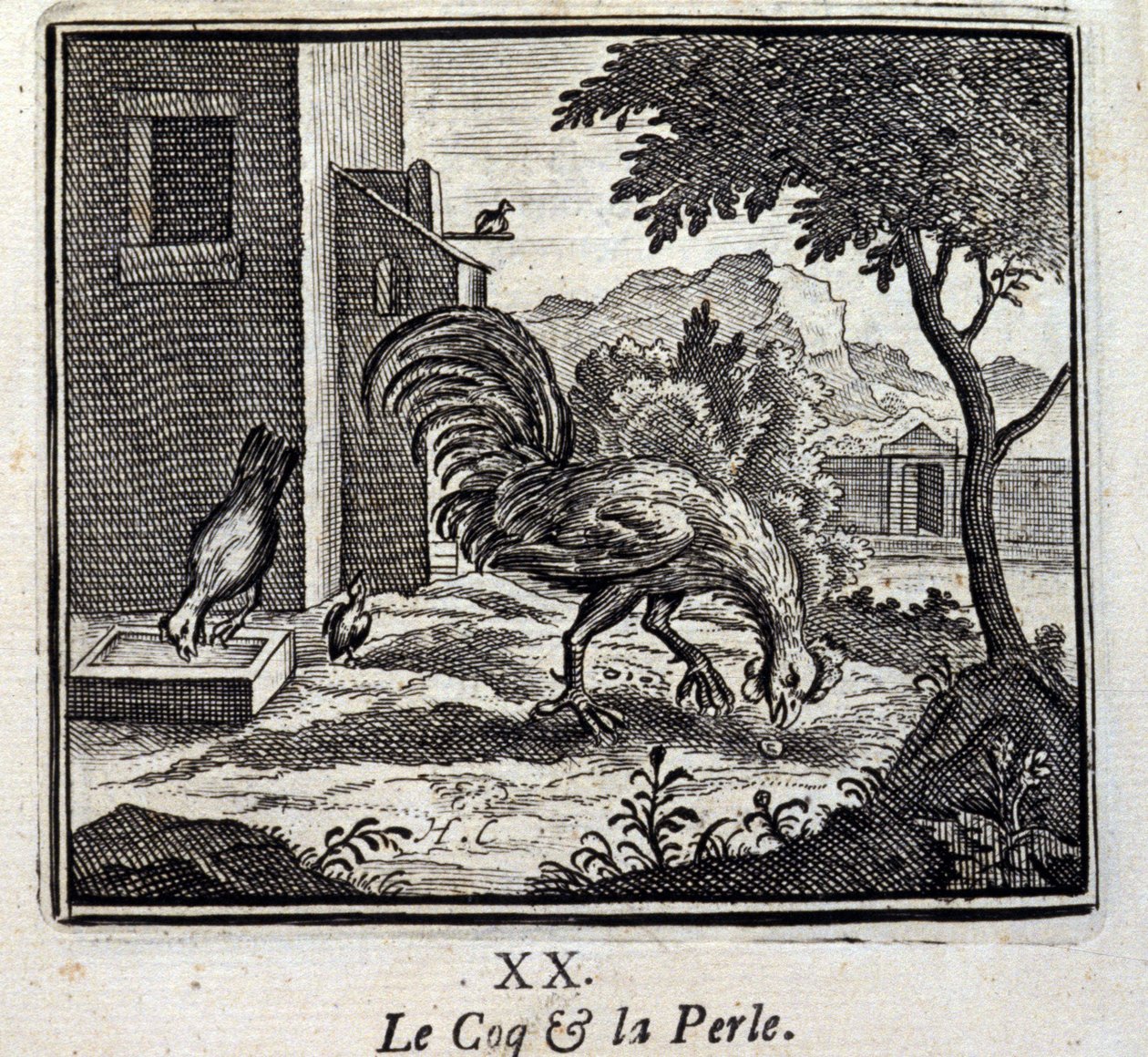 Il gallo e la perla. Favole di Jean de La Fontaine (1621-95). Illustrazione di François Chauveau (1613-1676). Edizione del 1728 da Francois Chauveau