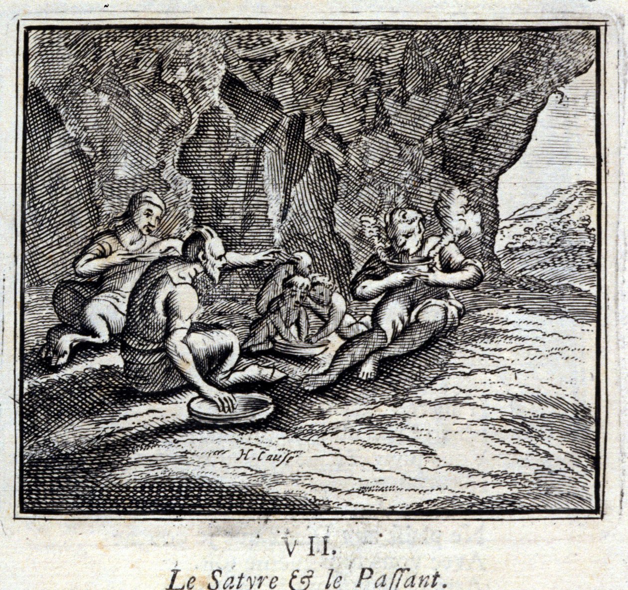 Il Satiro e il Passeggero. Favole di Jean de La Fontaine (1621-95). Illustrazione di François Chauveau (1613-1676). Edizione del 1728 da Francois Chauveau
