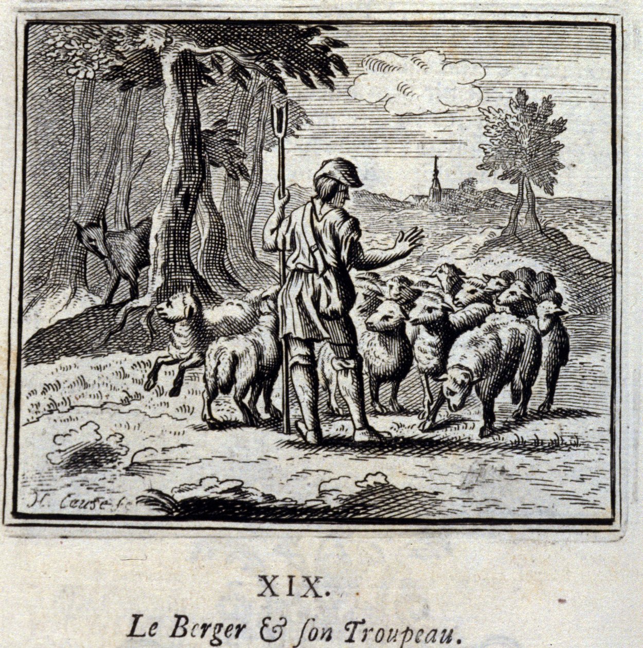 Il Pastore e il suo gregge. Favole di Jean de La Fontaine (1621-95). Illustrazione di François Chauveau (1613-1676). Edizione del 1728 da Francois Chauveau