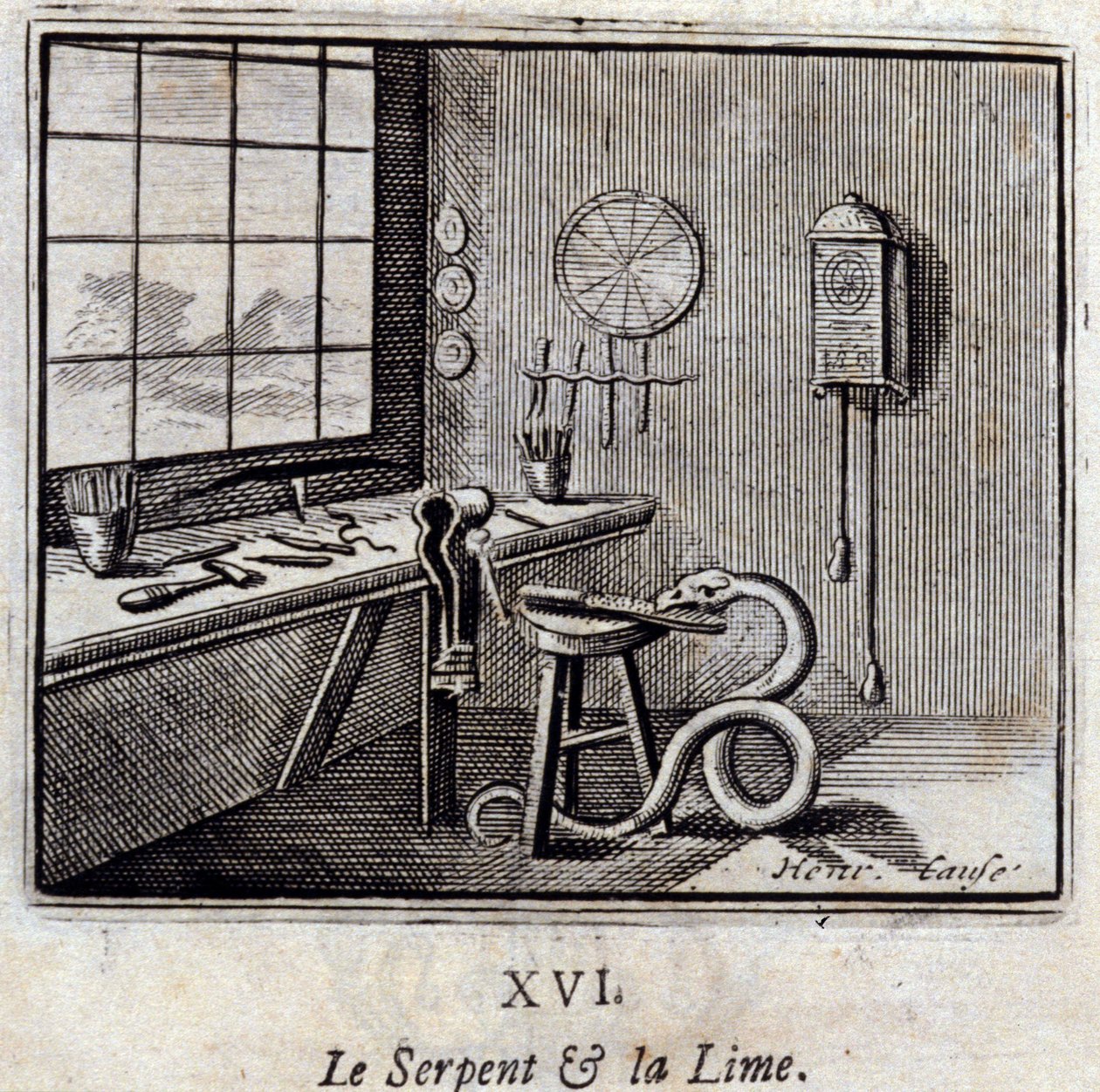 Il serpente e la calce. Favole di Jean de La Fontaine (1621-95). Illustrazione di François Chauveau (1613-1676). Edizione del 1728 da Francois Chauveau