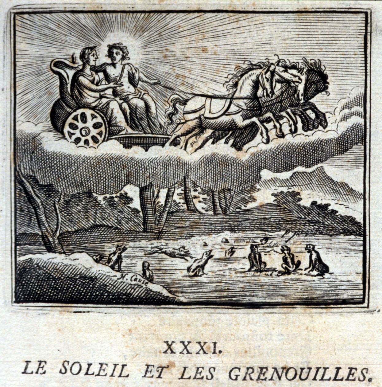 Il Sole e le Rane. Favole di Jean de La Fontaine (1621-95). Illustrazione di François Chauveau (1613-1676). Edizione del 1728 da Francois Chauveau
