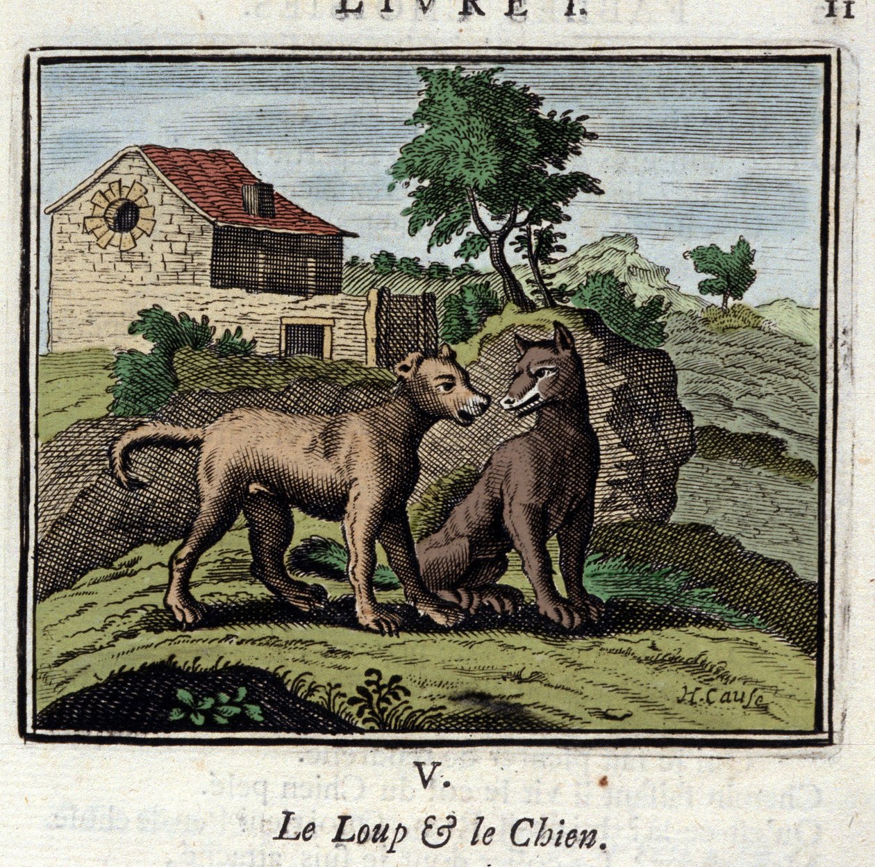 Il lupo e il cane. Favole di Jean de La Fontaine (1621-1695). Illustrazione di Francois Chauveau (1613-1676). Edizione del 1728 da Francois Chauveau