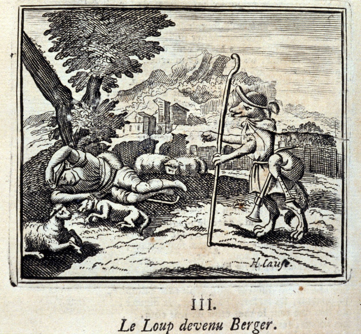 Il lupo diventato pastore. Favole di Jean de La Fontaine. Illustrazione di François Chauveau. Edizione del 1728 da Francois Chauveau