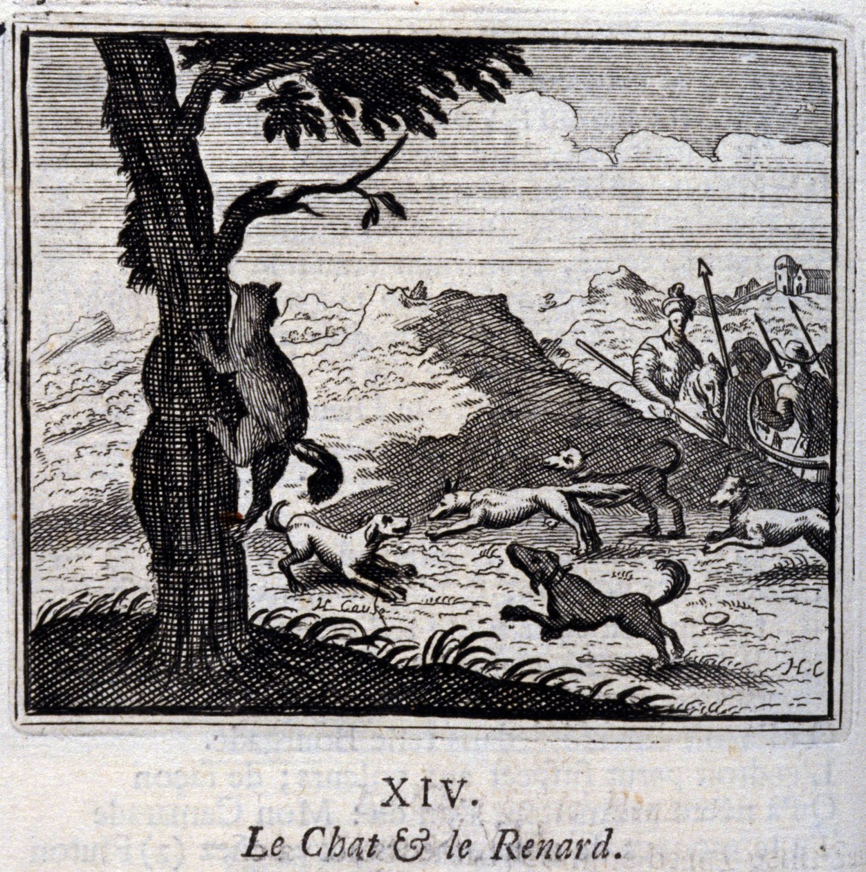 Il gatto e la volpe. Favole di Jean de La Fontaine. Illustrazione di François Chauveau. Edizione del 1728 da Francois Chauveau
