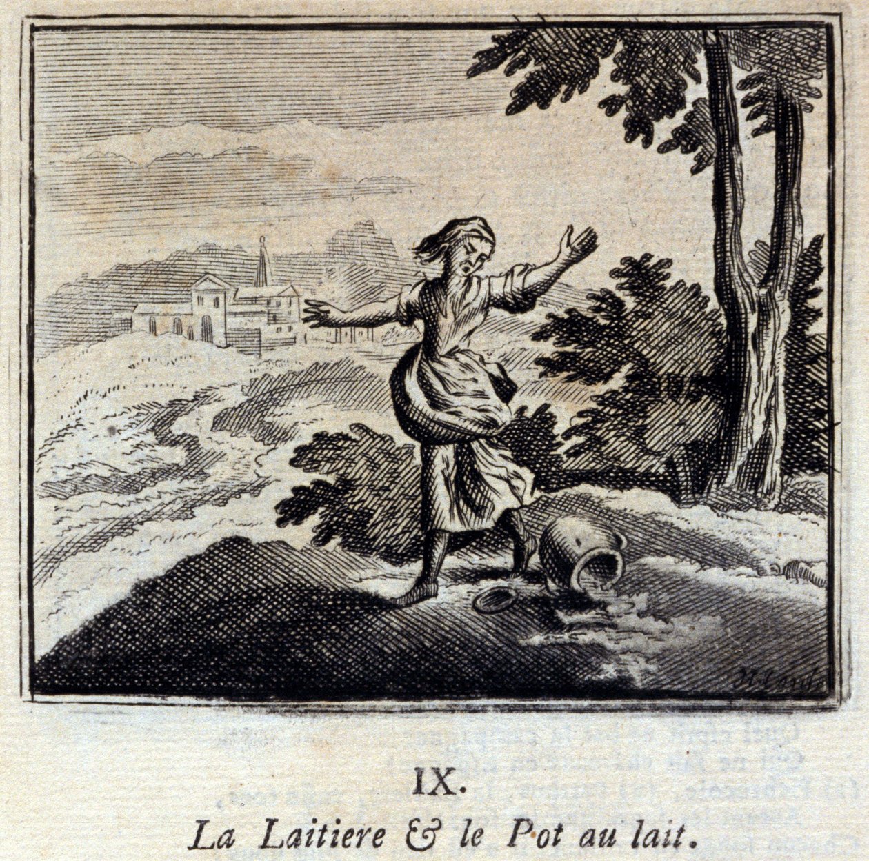 La lattaia e il vaso di latte. Favole di Jean de La Fontaine (1621-95). Illustrazione di François Chauveau (1613-1676). Edizione del 1728. da Francois Chauveau