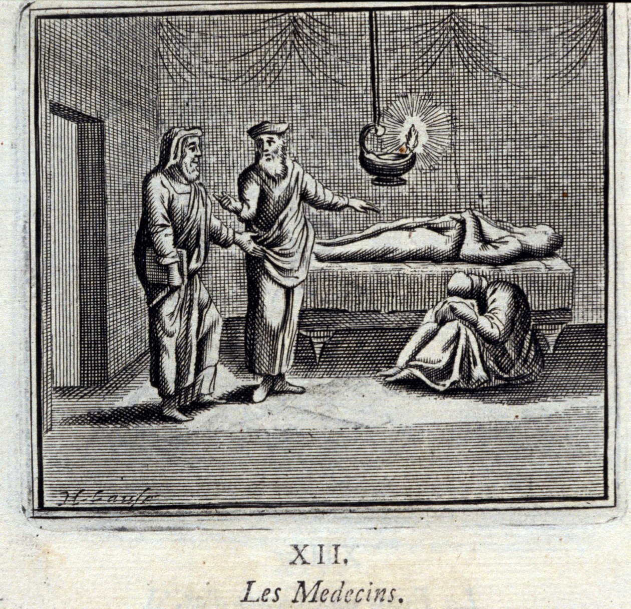 I dottori. Favole di Jean de La Fontaine. Illustrazione di François Chauveau. Edizione del 1728 da Francois Chauveau