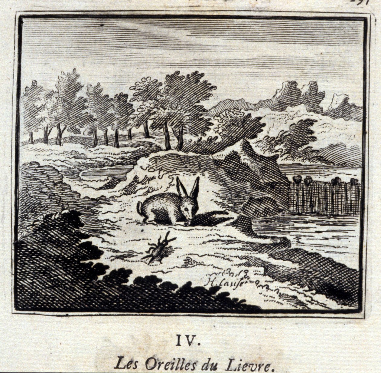 Le orecchie della lepre. Favole di Jean de La Fontaine. Illustrazione di François Chauveau. Edizione del 1728. da Francois Chauveau