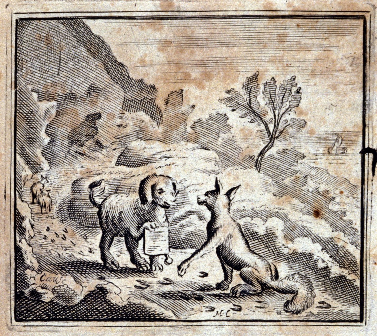 Il leone malato e la volpe. Favole di Jean de La Fontaine (1621-95). Illustrazione di François Chauveau (1613-1676). Edizione del 1728 da Francois Chauveau
