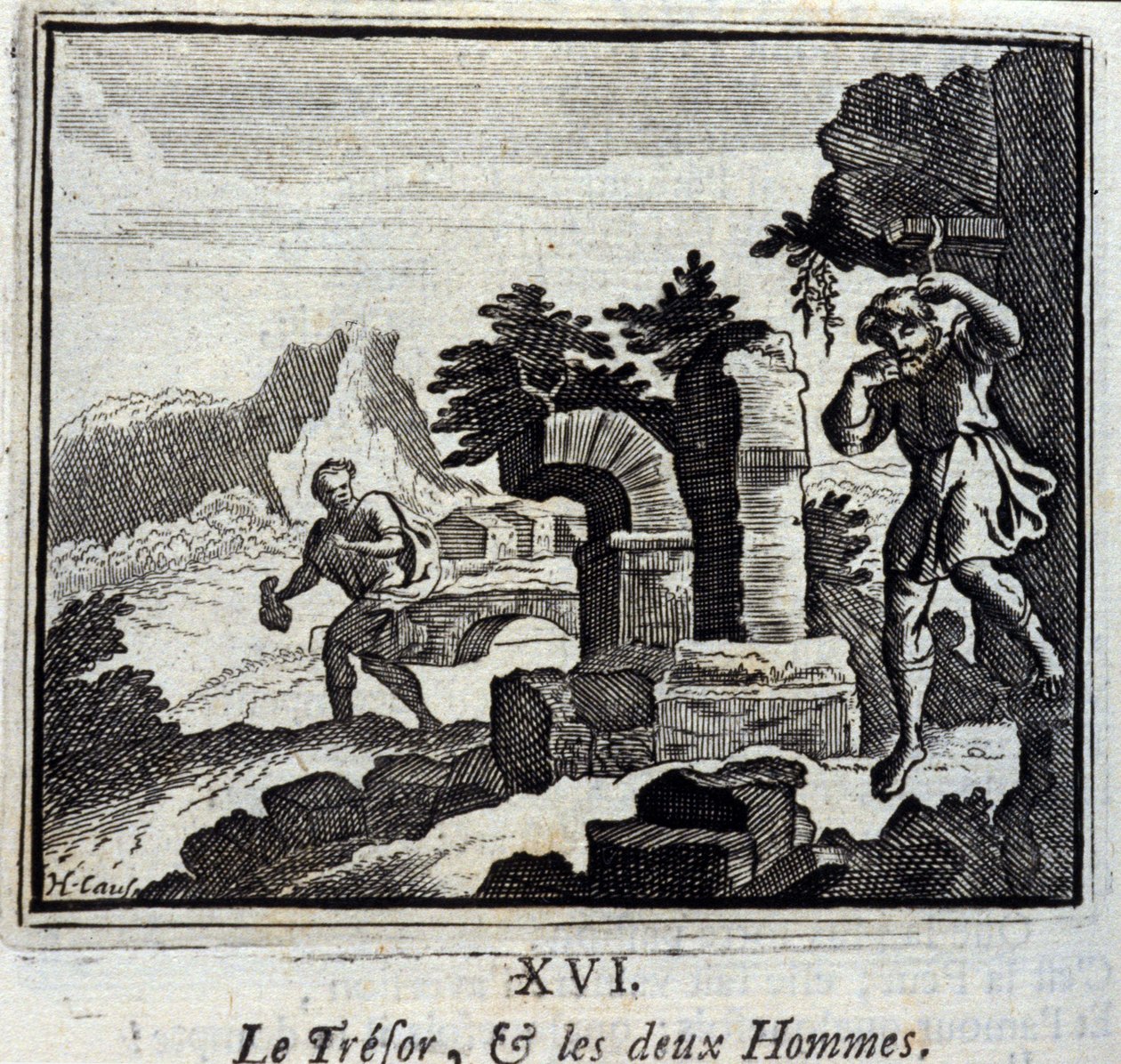 Il tesoro e i due uomini. Favole di Jean de La Fontaine (1621-95). Illustrazione di François Chauveau (1613-1676). Edizione del 1728 da Francois Chauveau