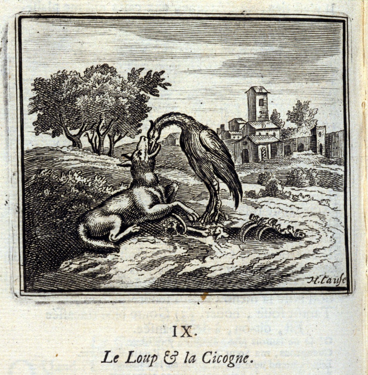 Il lupo e la cicogna. Favole di Jean de La Fontaine (1621-95). Illustrazione di François Chauveau (1613-1676). Edizione del 1728. da Francois Chauveau