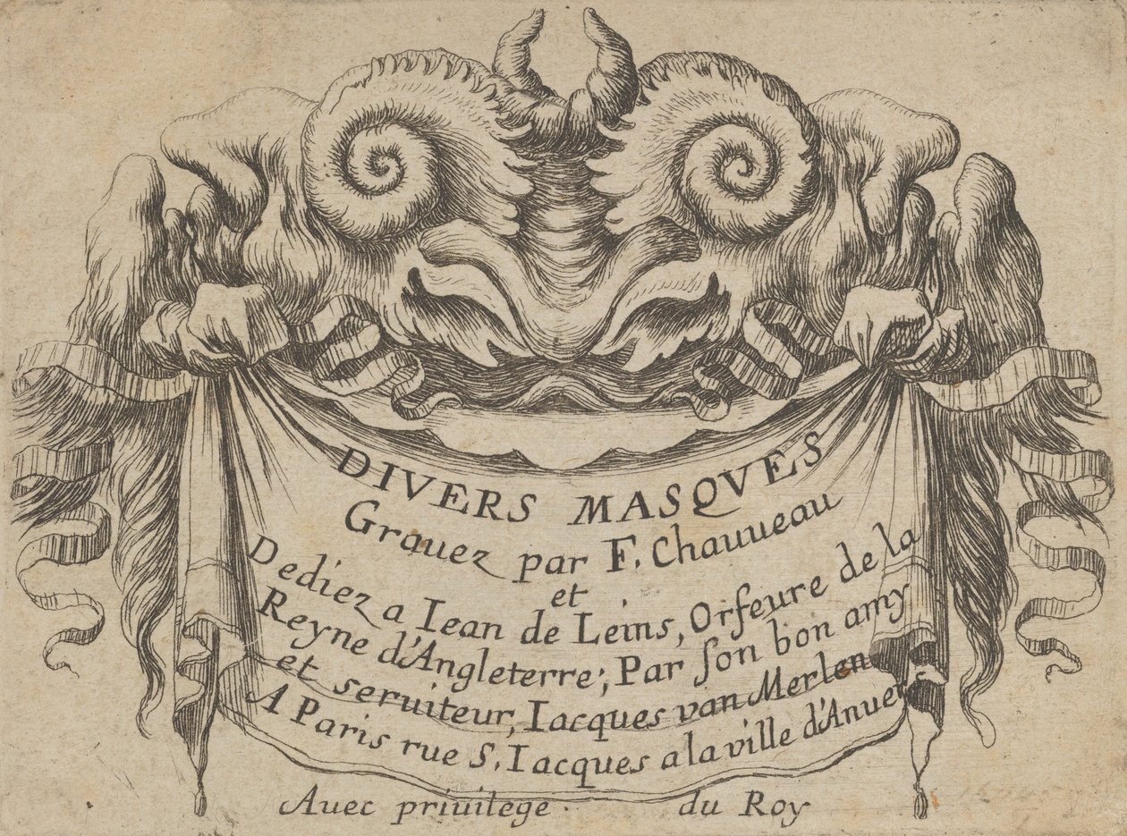 Tavola del titolo con due teste di satiro, da Divers Masques da Francois Chauveau
