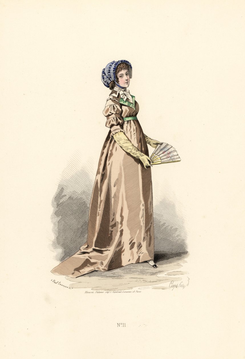Donna in abito color nocciola, fichu-chemise e cappello blu da Francois Claudius (after) Compte Calix