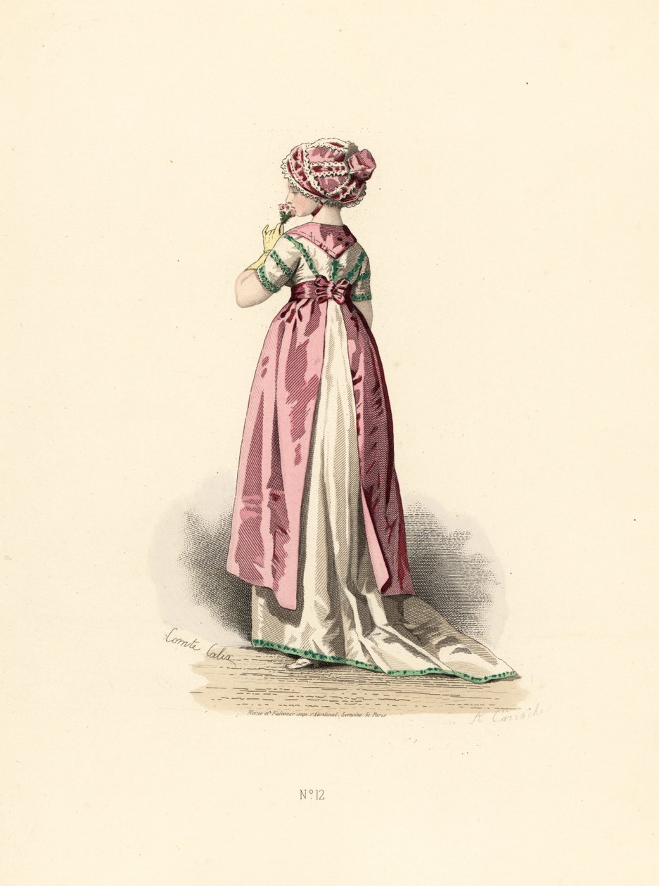 Donna in abito bianco e corsetto con rifiniture verdi, grembiule rosa da Francois Claudius (after) Compte Calix