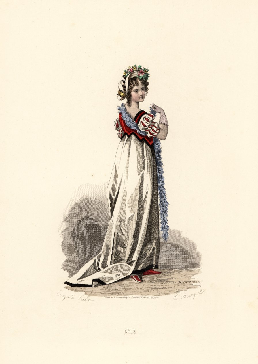 Donna in abito bianco con rifiniture in velluto nero da Francois Claudius (after) Compte Calix