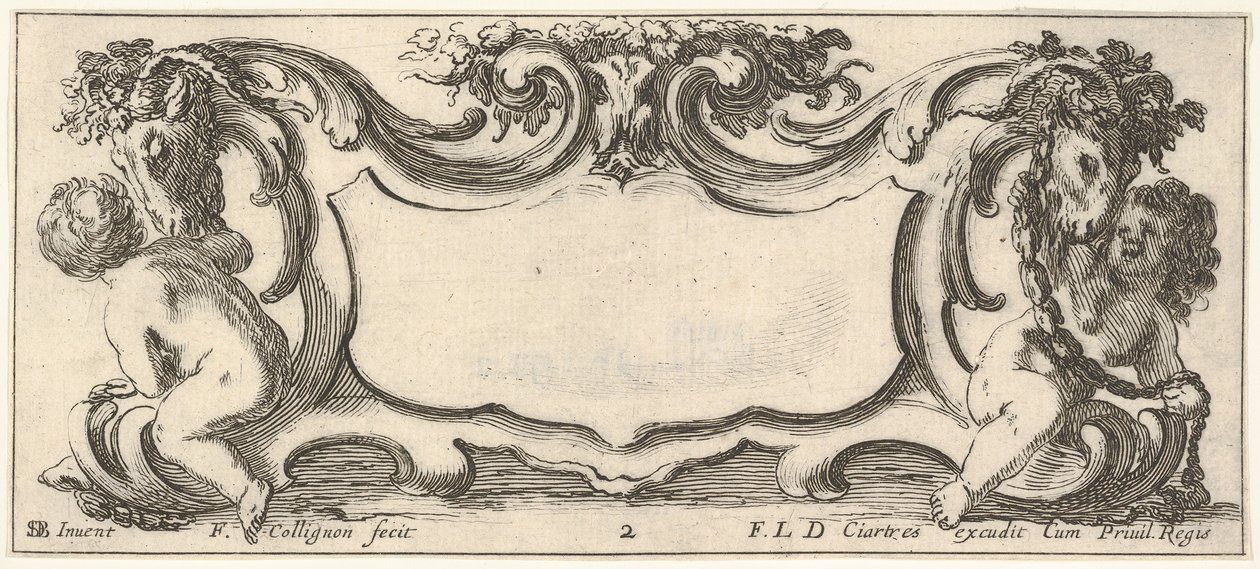 Tavola 2: un cartiglio con un bambino visto di spalle a sinistra e un bambino visto da..., ca. 1640-45 da Francois Collignon