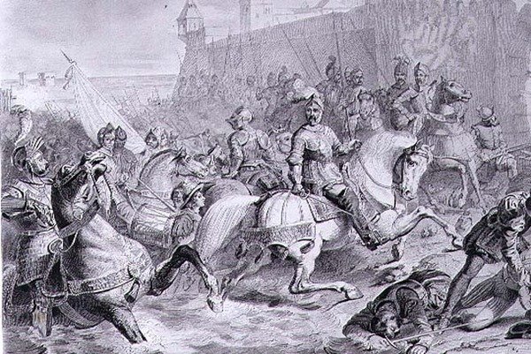 La presa di Calais da parte di Francesco, 2° duca di Guisa (1519-63) nel 1558, inciso da Amedee Felix Barthelemy Geilee (1802-43) da Francois Edouard (after) Picot