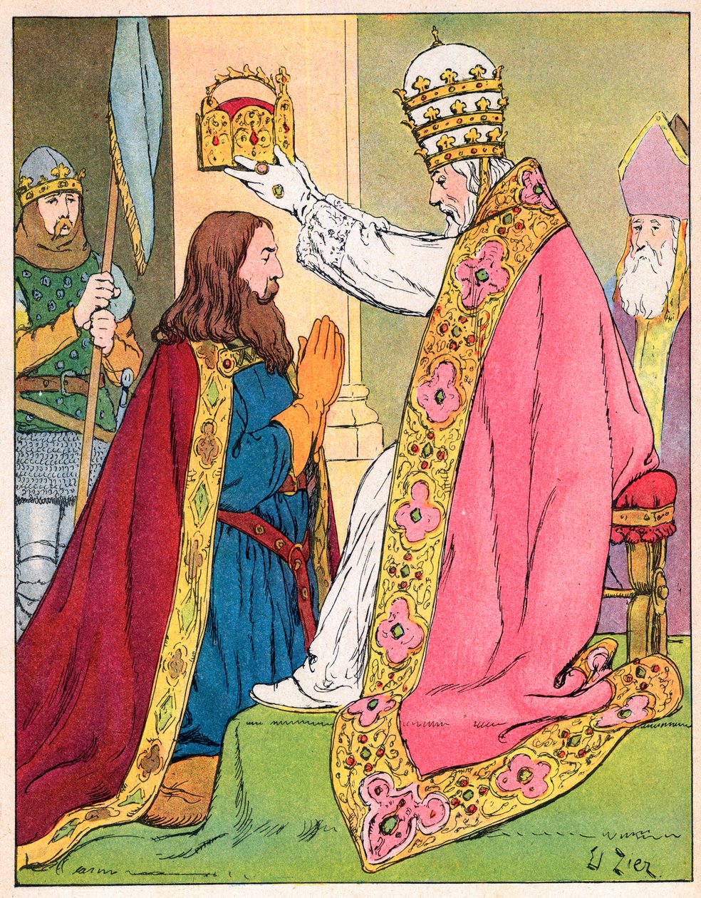 Carlo Magno (742-814) incoronato da Papa Leone III (c750-816) nella basilica di San Pietro a Roma il 25 dicembre 800 - Incoronazione di Carlo Magno (742-814) nel 800 da Papa Leone III - Illustrazione di Francois Zier (1856-1924) tratta da 