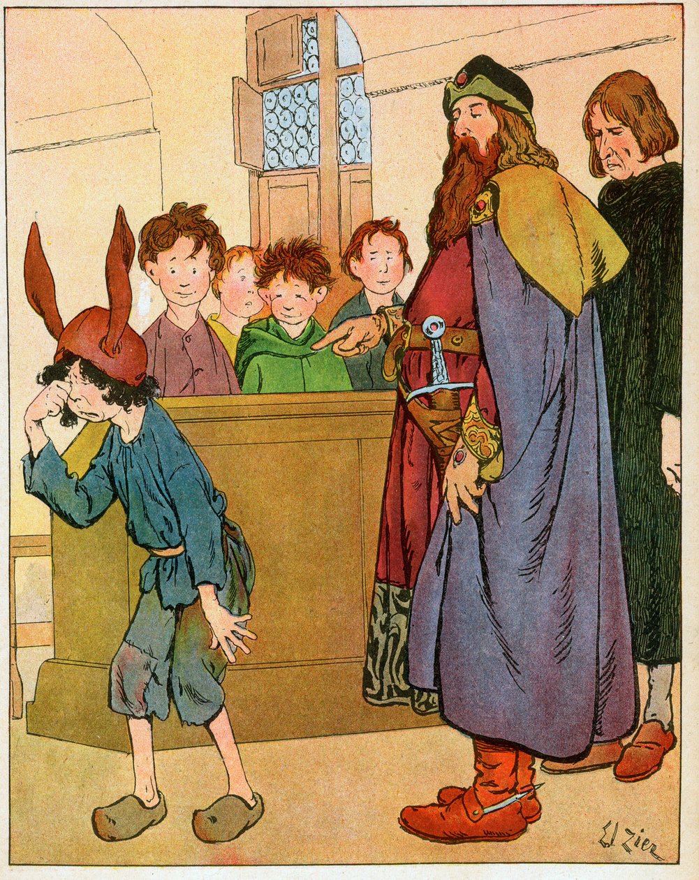 Re Carlo Magno (742-814) istituì scuole per bambini laici nel 789 e incontrò gli scolari (Re Carlo Magno che visita gli studiosi e promuove l