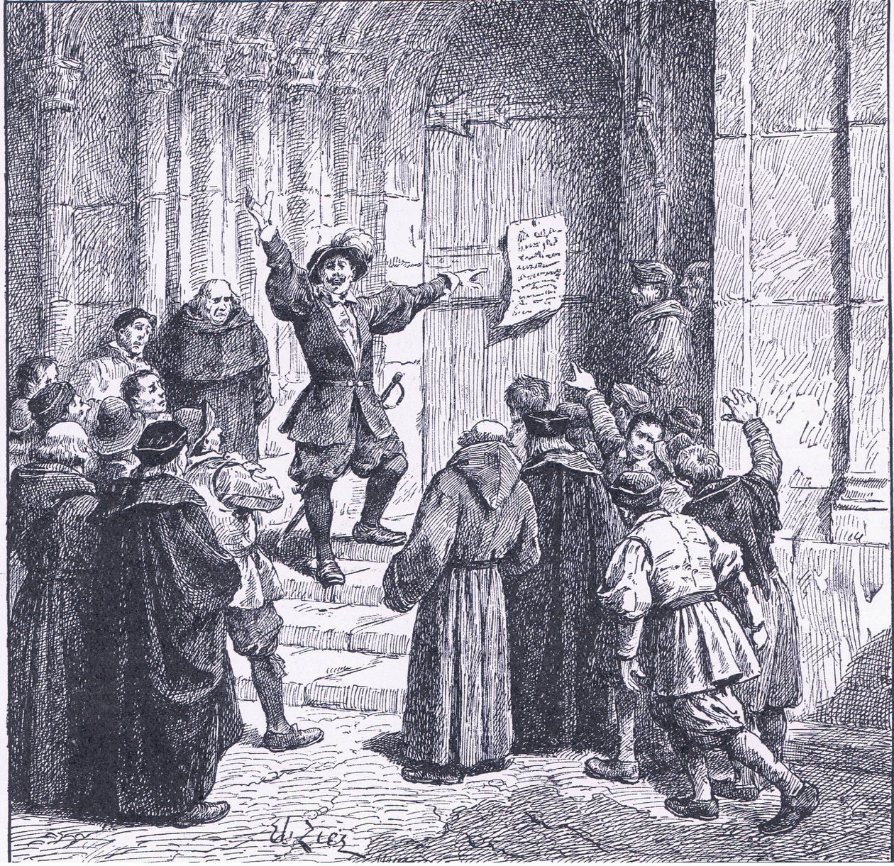 Robert Aske affigge la sua proclamazione alla porta della cattedrale di York, da Cassells History of the British People pubblicato dalla Waverley Book Company, c.1950 da Francois Edouard Zier