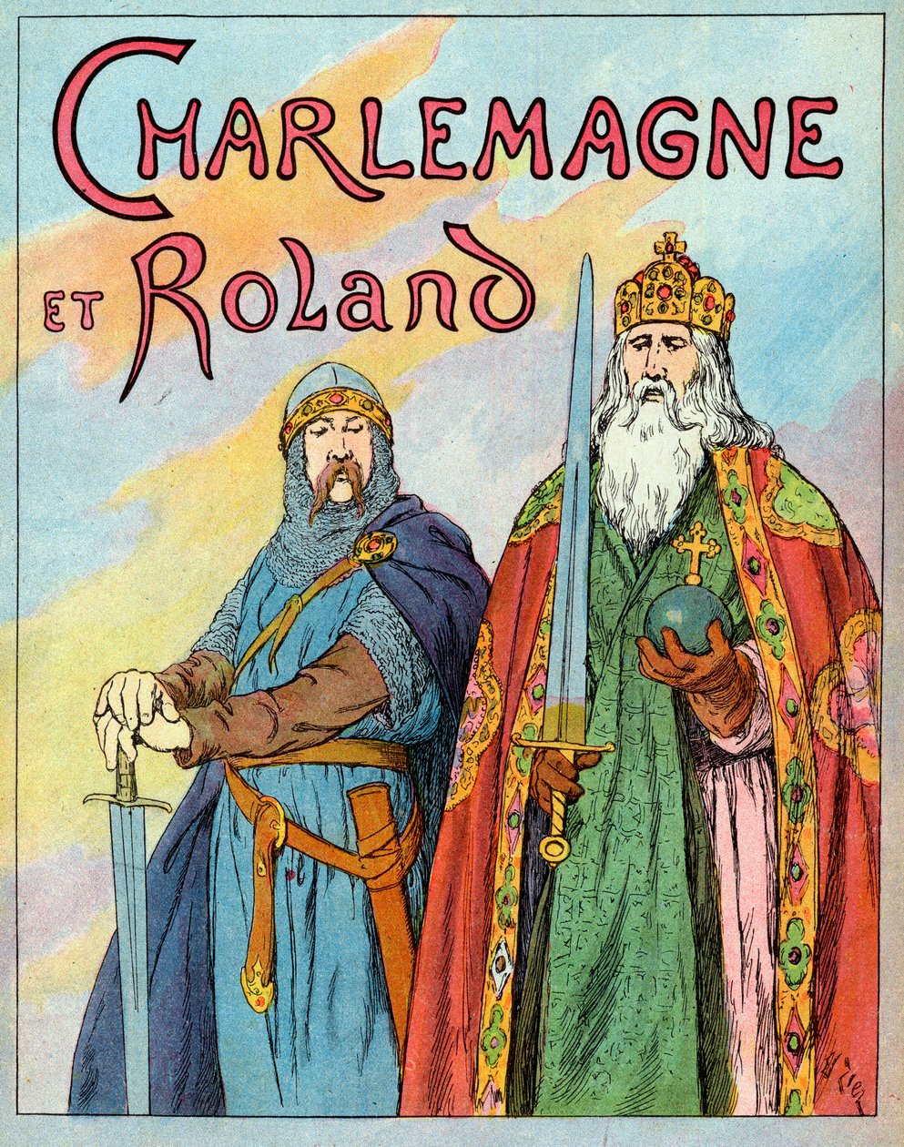 Il re franco Carlo Magno e il cavaliere francese Rolando di Roncisvalle - Carlo Magno e il cavaliere Rolando (736-778) - Illustrazione di Francois Zier (1856-1924) tratta da 