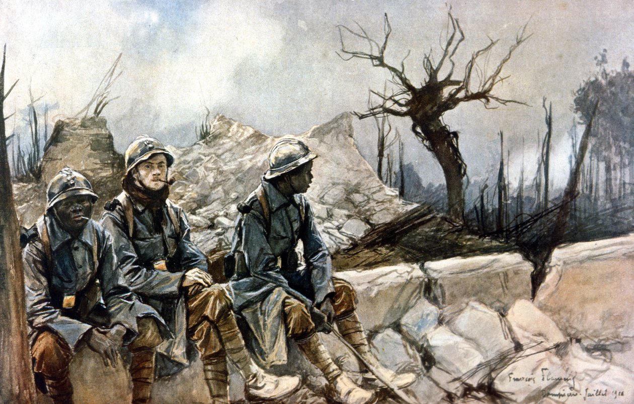 Tre soldati francesi seduti davanti alle rovine della chiesa di Dampierre. Guerra 1914 - 1918. Dipinto di Francois Flameng (1856-1923). Parigi, Museo dell