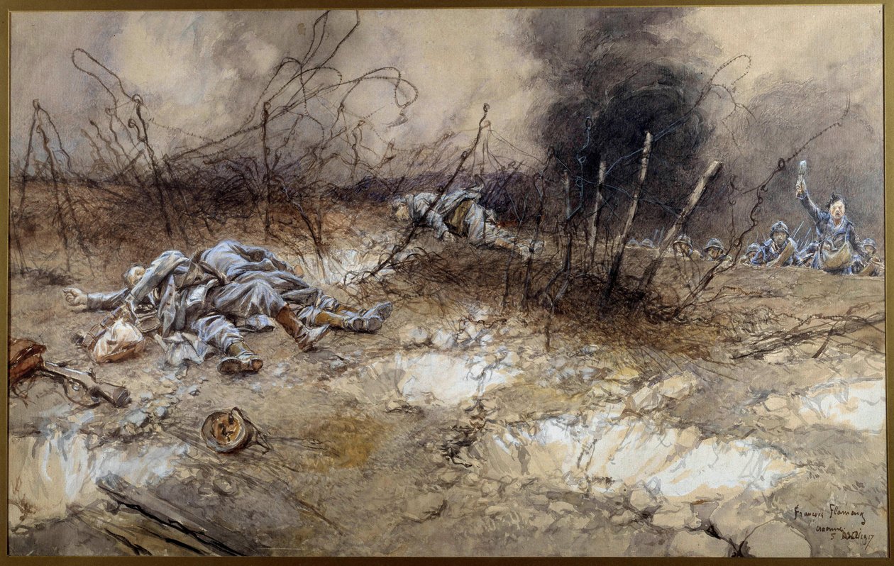 Prima Guerra Mondiale: scena della battaglia di La Craonne il 5/04/1917 da Francois Flameng