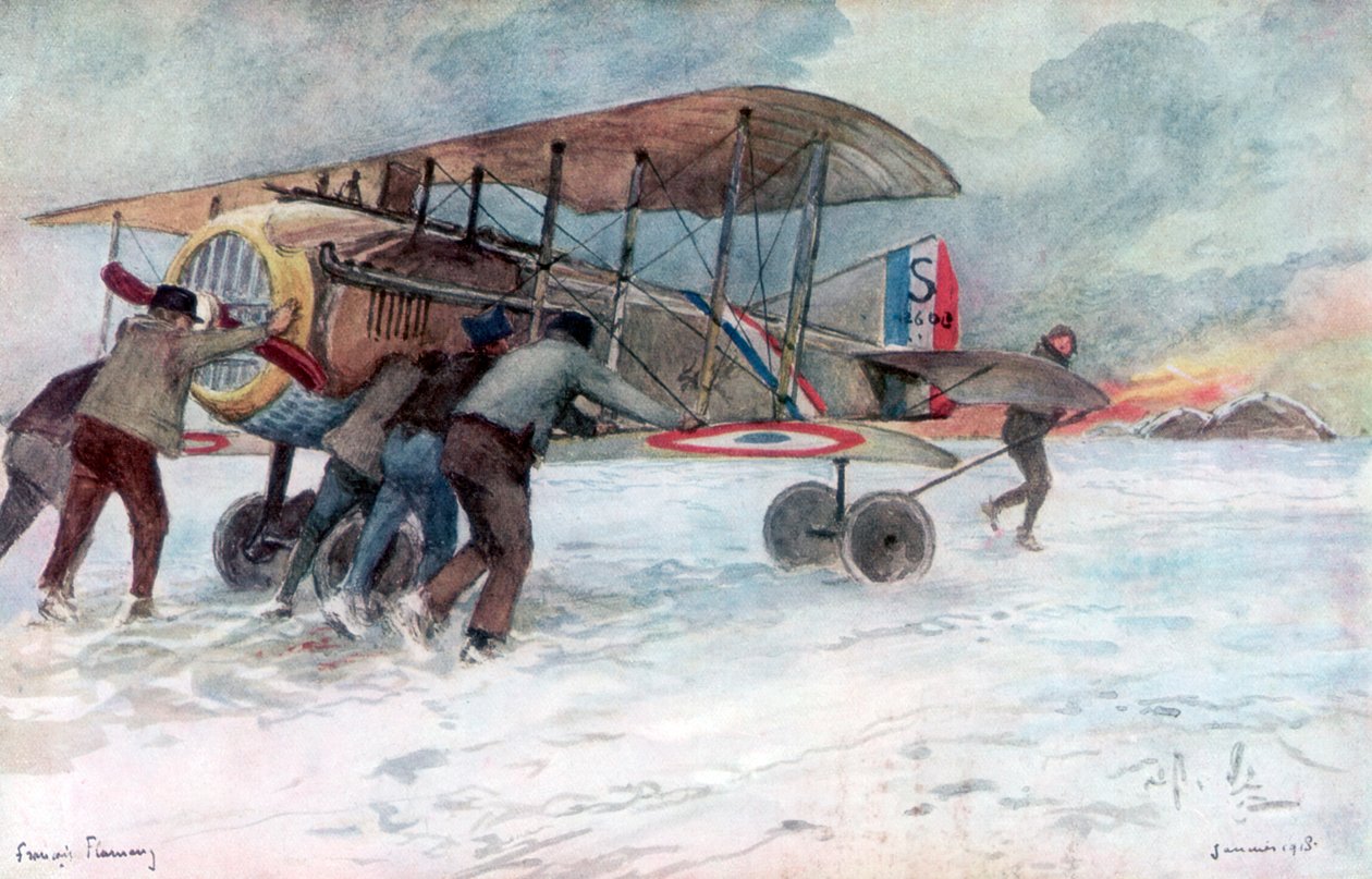Equipaggio a terra che assiste uno Spad francese su un campo innevato, 1918, 1926 da Francois Flameng