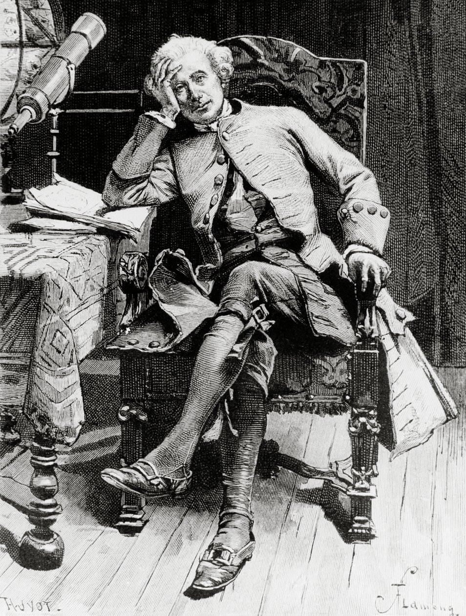 Ritratto di Guy Mannering, personaggio principale di Guy Mannering o Astrologo, romanzo di Walter Scott, incisione dopo disegno di Francois Flameng, edizione parigina da Francois Flameng
