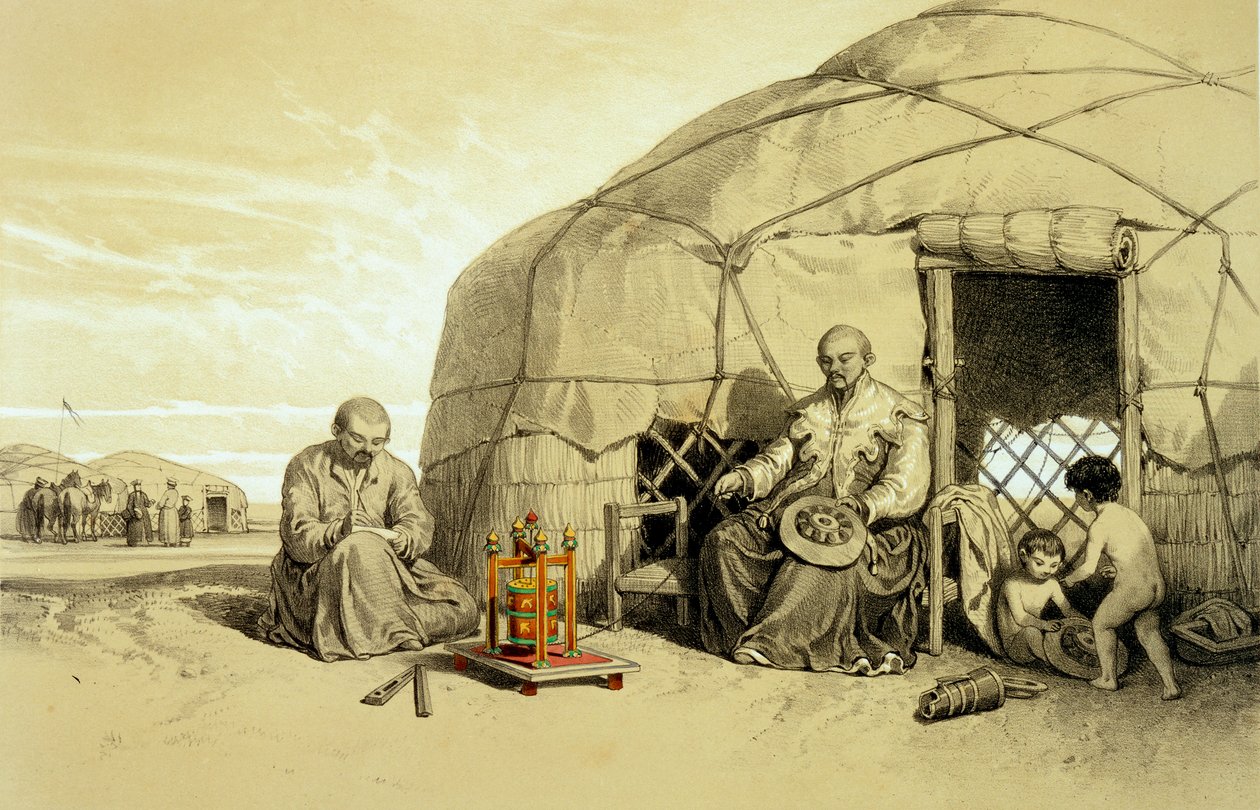 Calmucchi con una ruota di preghiera, Siberia, illustrazione da 