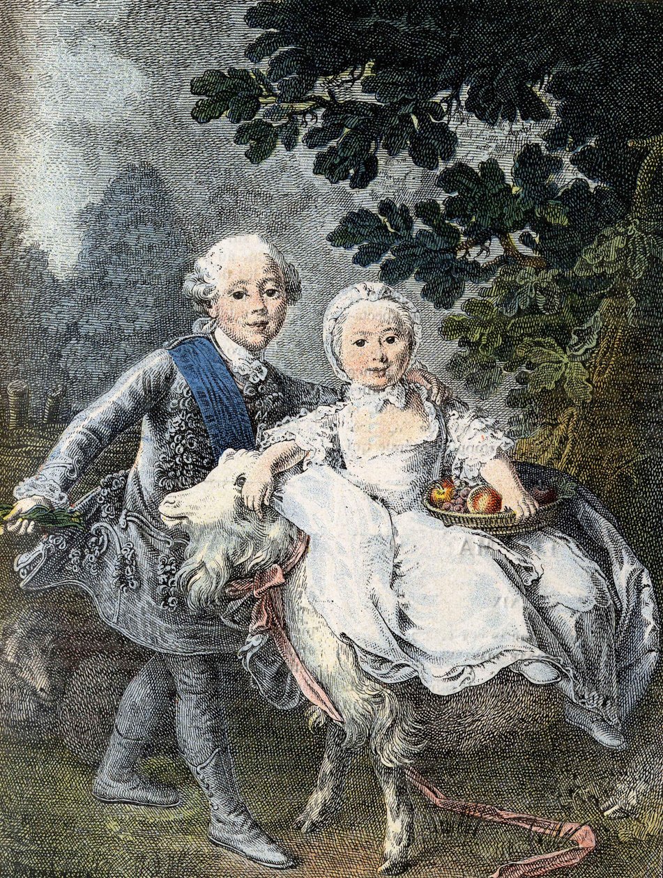 Il Conte di Artois bambino (futuro Re Carlo X) (1757-1836) e sua sorella Marie Clotilde Xavière (futura Regina di Sardegna) (1759-1802) - rappresentati nel 1764. Incisione del XIX secolo dopo il dipinto di François Hubert Drouais da Francois Hubert (manner of) Drouais