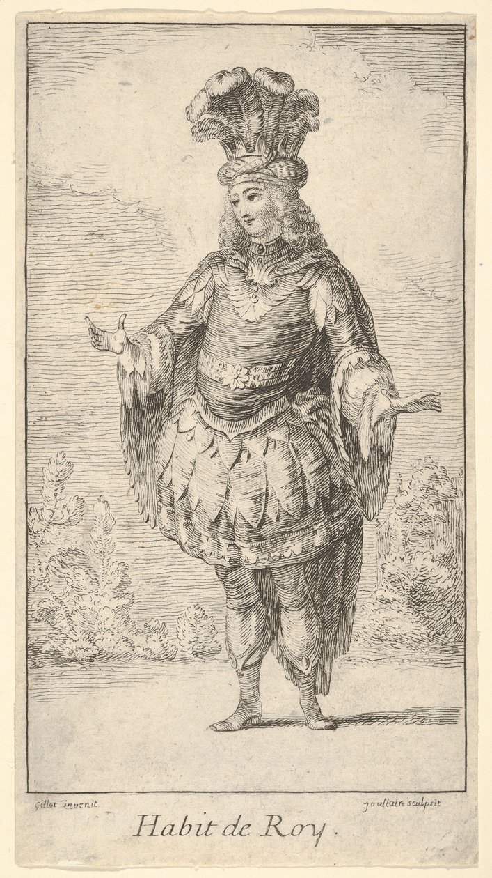 Habit de Roy: un uomo che indossa un tonnelet decorato con rosette, una corona e un turbante da Francois Joullain