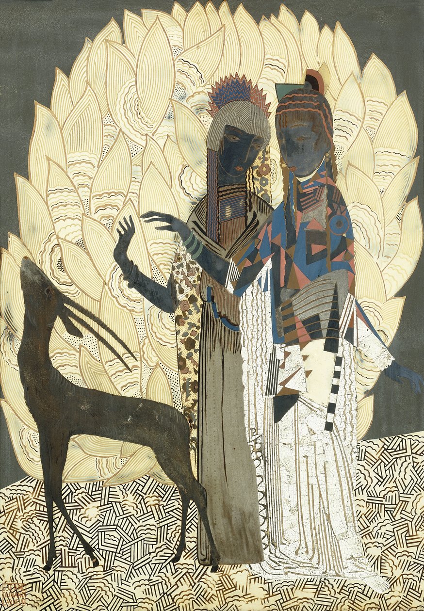 Due Donne Stilizzate con un Antilope tra le Foliage da Francois Louis (after) Schmied
