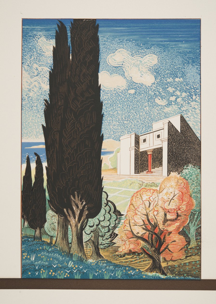 Tempio con cipresso, da Prometeo incatenato di Eschilo, pub. 1941 (stampa pochoir) da Francois Louis Schmied