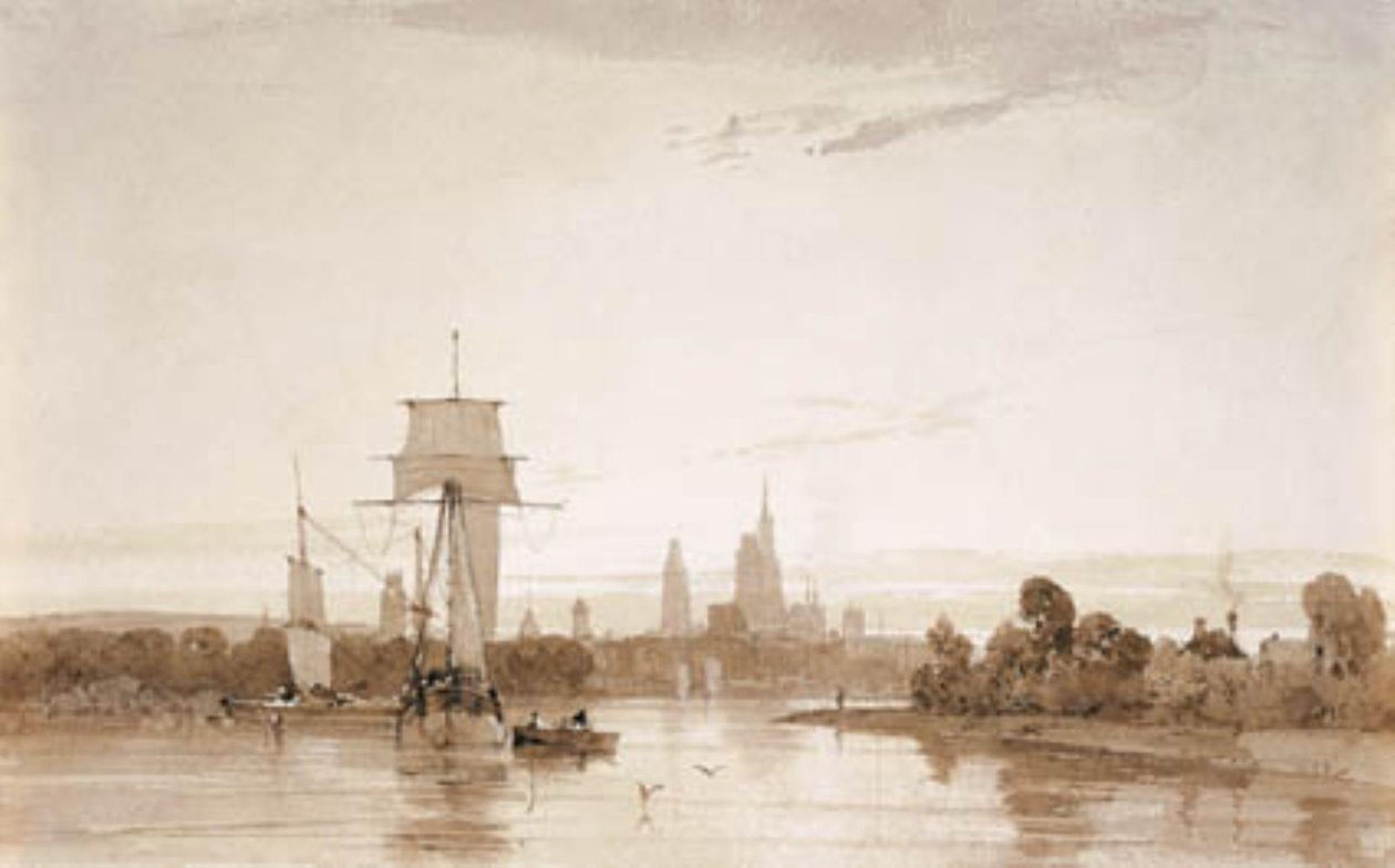 Vista dalla Senna verso la cattedrale di Rouen e la città. Mattina da Francois Louis Thomas Francia