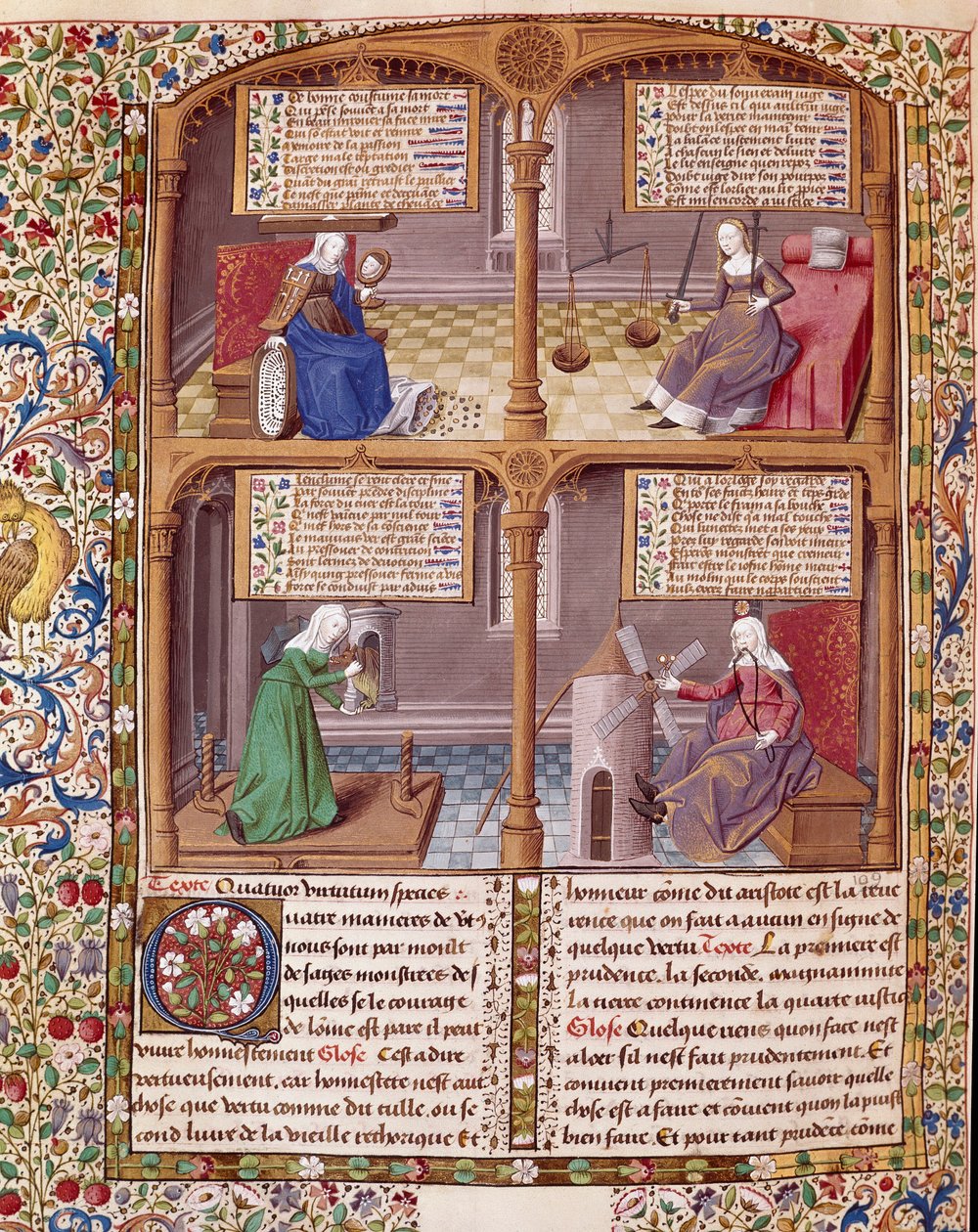 Le quattro virtù cardinali: Prudenza, Forza, Continuità e Giustizia. Pagina tratta da un manoscritto di Seneca, illuminata dal maestro François da Maître François