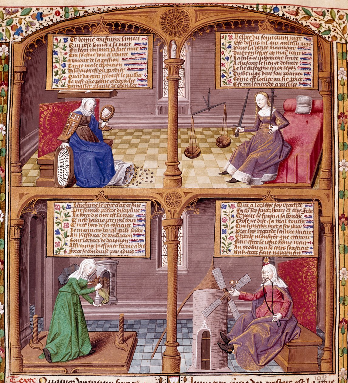 Le Quattro Virtù Cardinali: Prudenza, Forza, Continuità e Giustizia. Pagina tratta da un manoscritto di Seneca, illuminata dal maestro François. da Maître François