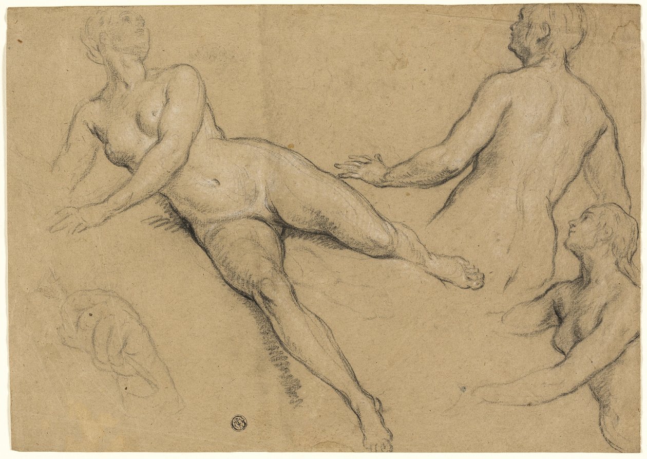Foglio di studi: Tre donne e una mano (recto); schizzi di nudi maschili, teste e mani (verso) da Francois Marot