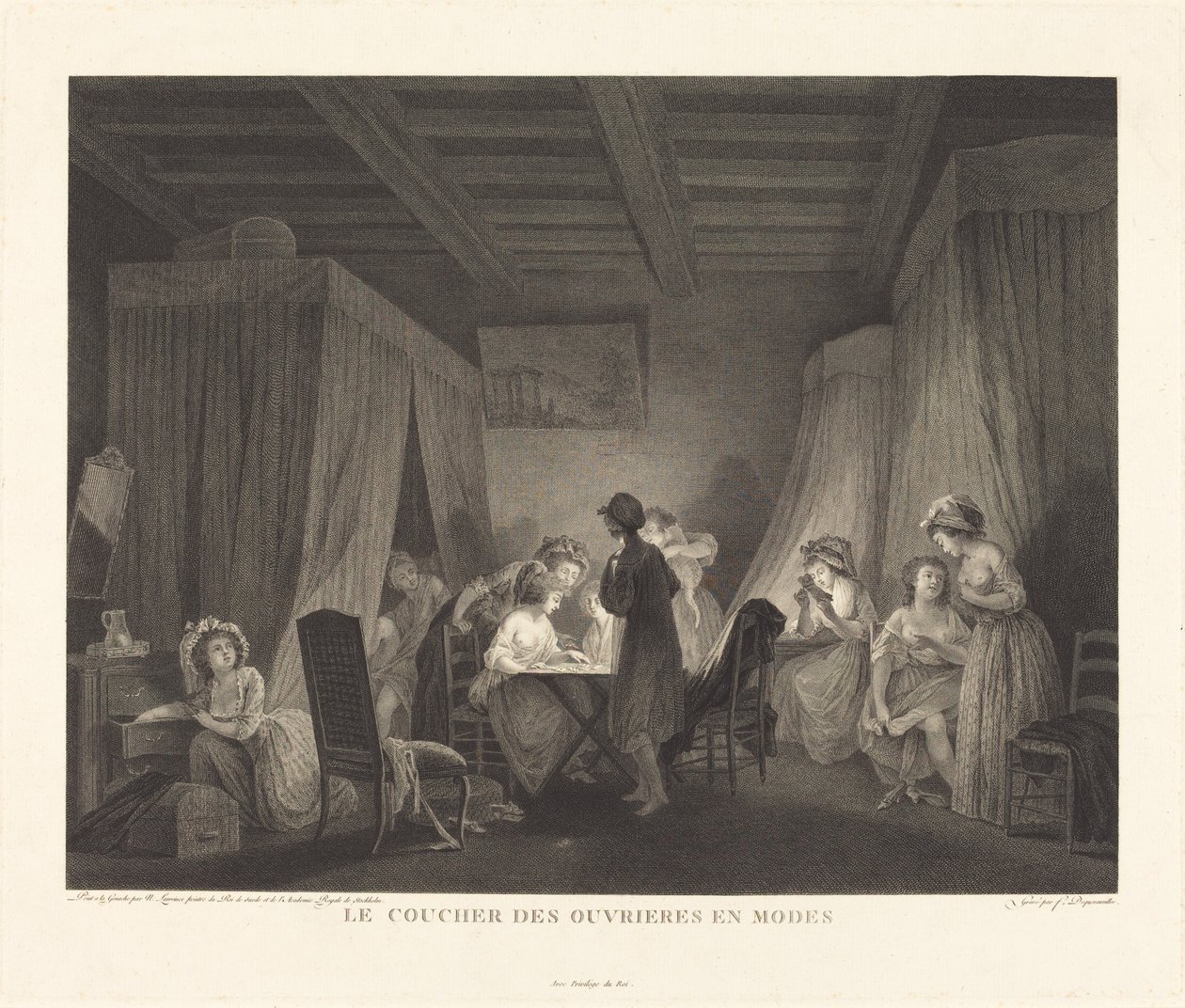 Le coucher des ouvrières en modes da Francois Nicolas Barthelemy Dequevauviller after Nicolas Lavreince