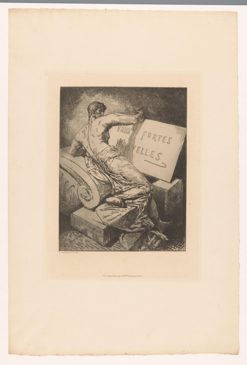 Frontespizio con uomo su monumento di pietra da Francois Nicolas Chifflart