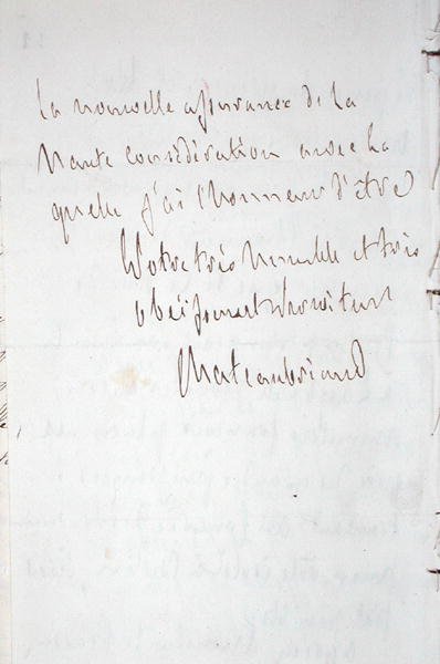 Lettera con firma dello scrittore, scritta a Francoforte durante il viaggio verso il nuovo incarico di Chateaubriand come ministro plenipotenziario a Berlino, 7 gennaio 1821 da Francois Rene Vicomte de Chateaubriand