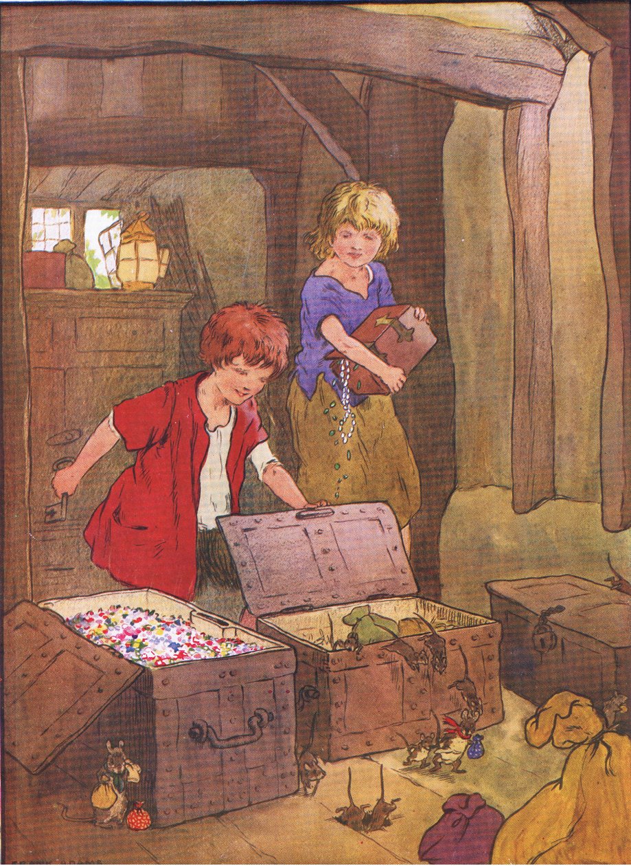 Aprendo i forzieri, li trovarono pieni di meravigliosi gemme, gioielli e diamanti, da Hansel e Gretel pubblicato da Blackie & Son Limited, c.1940 da Frank Adams
