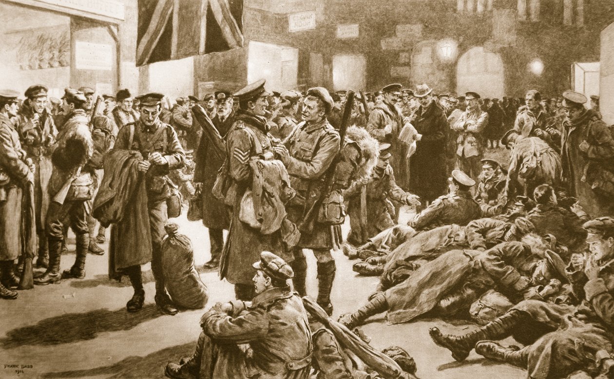 Dopo la licenza fugace: veterani britannici in attesa dello speciale treno delle trincee delle Fiandre a Victoria, 1914-19 da Frank Dadd