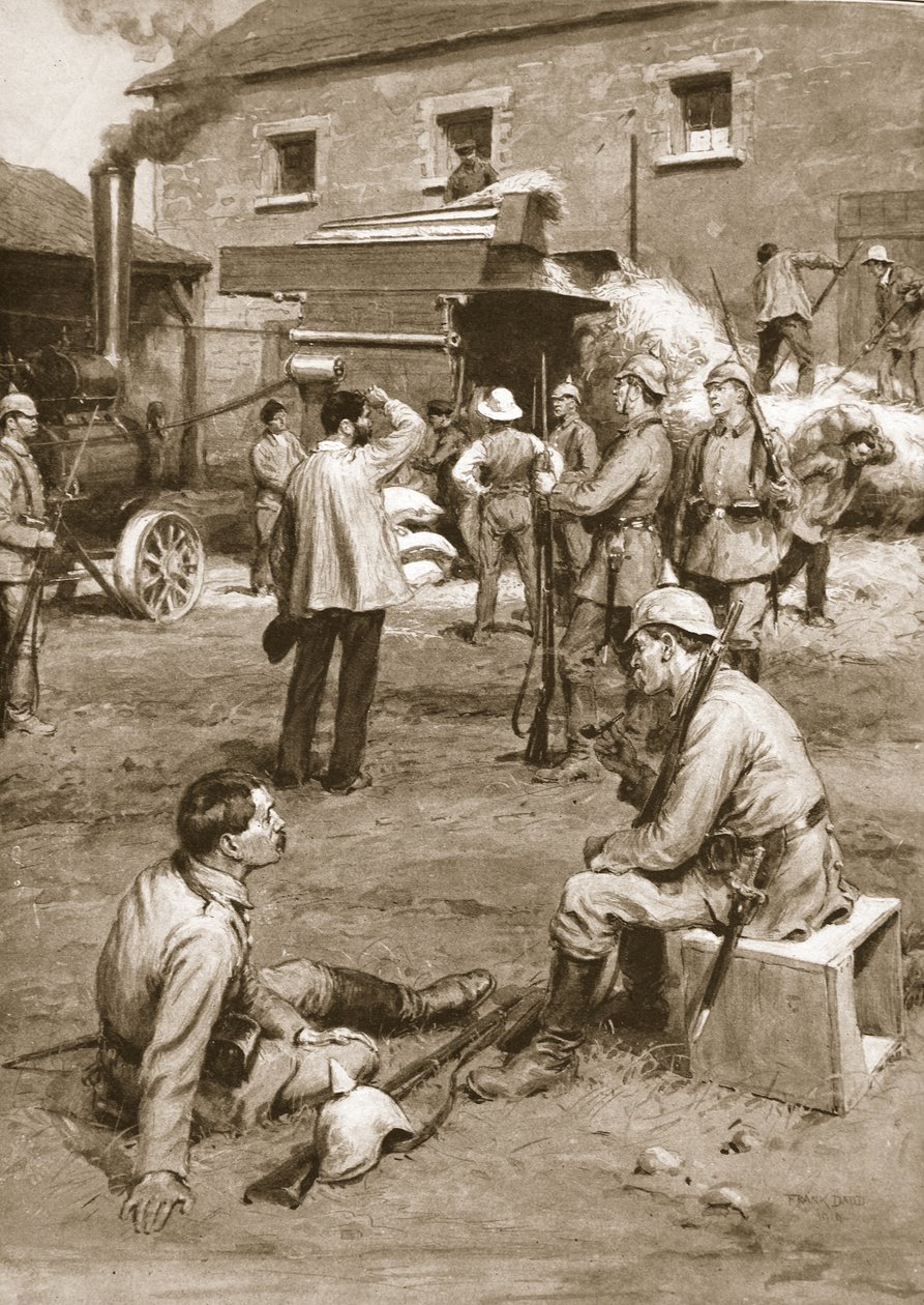 Tedeschi che costringono un contadino francese a trebbiare il suo grano a loro vantaggio da Frank Dadd