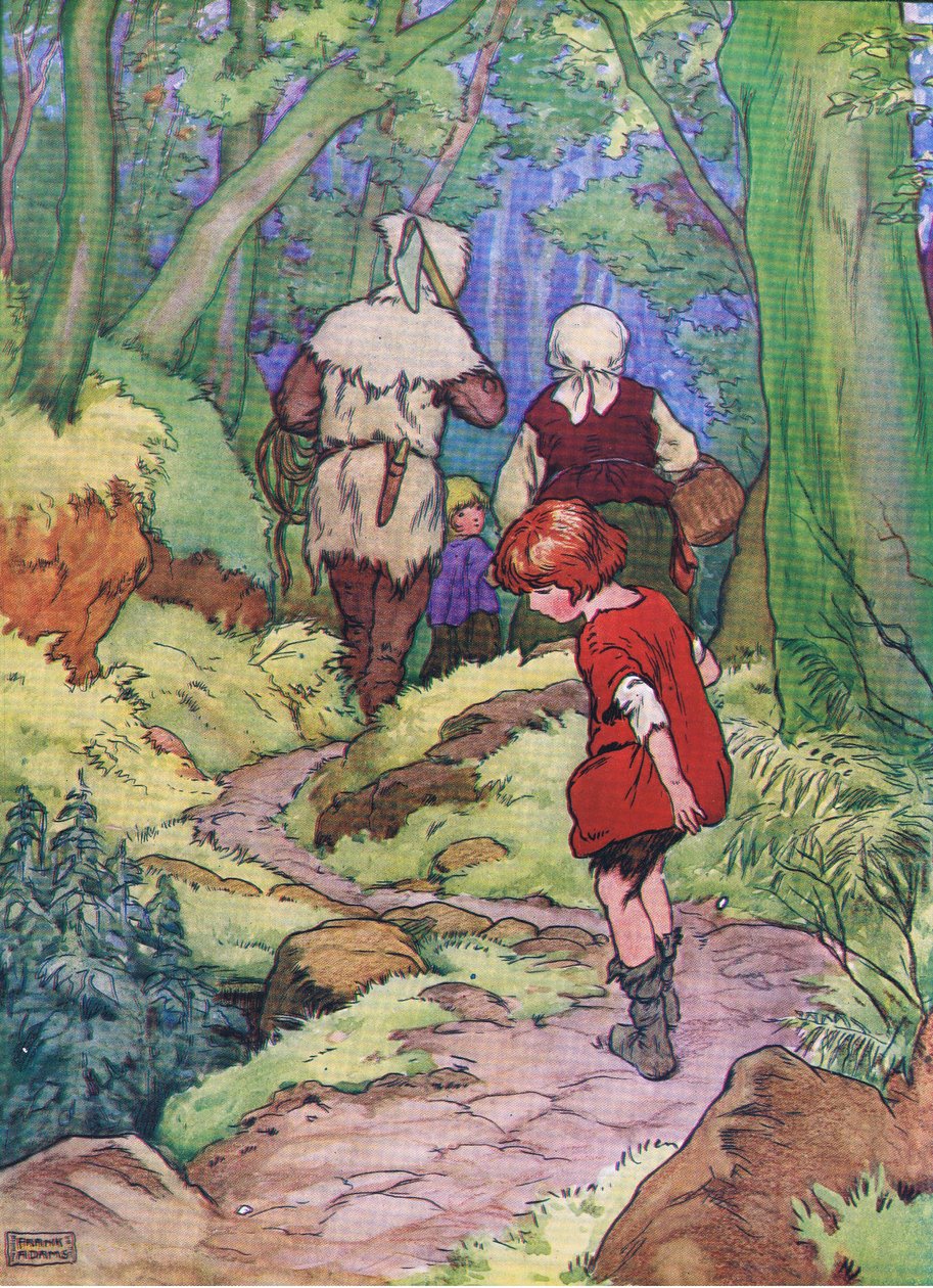 Hansel si fermò e ogni volta lasciava cadere un ciottolo bianco, da Hansel e Gretel pubblicato da Blackie & Son Limited, c.1940 da Frank Adams