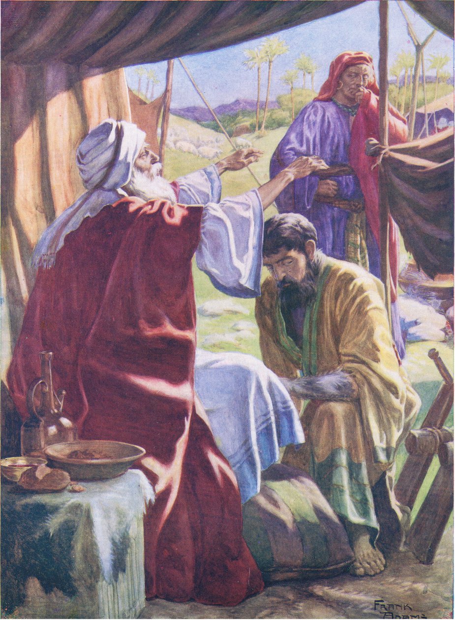 Giacobbe ottiene la benedizione, da Il libro delle immagini della Bibbia pubblicato da Thomas Nelson, c.1950 da Frank Adams