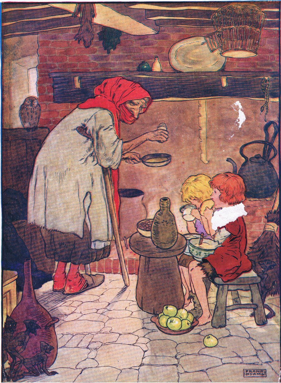 Li condusse dentro e diede loro una bella cena, da Hansel e Gretel pubblicato da Blackie & Son Limited, c.1940 da Frank Adams