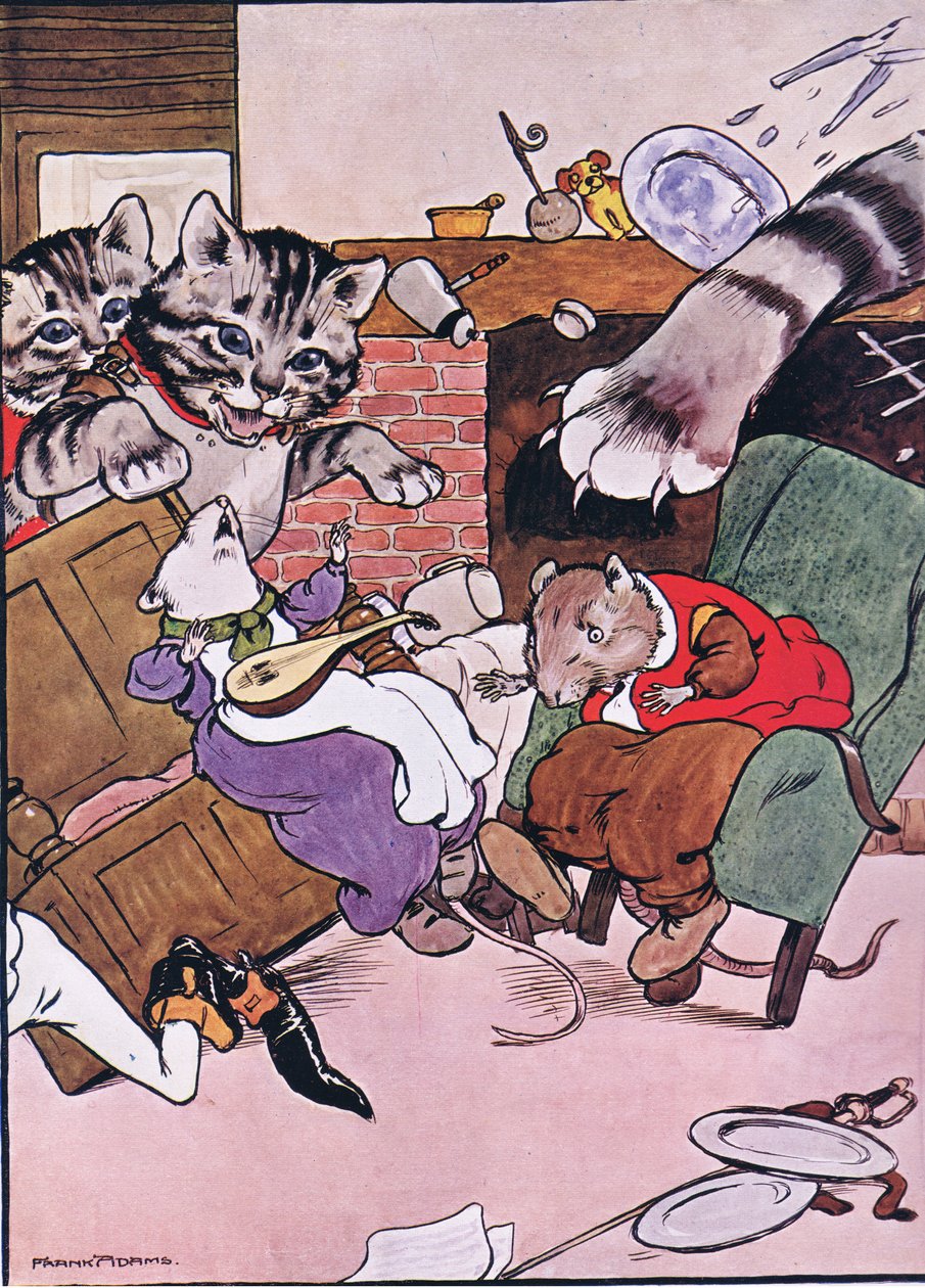 Il gatto e i suoi gattini entrarono rotolando, illustrazione da 